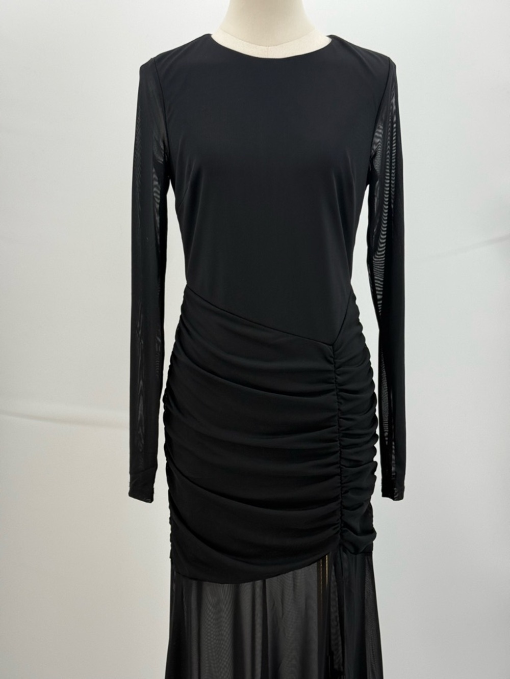 Lulus Vibrant Poise Black Mesh Ruched Maxi Dress Long Sleeve Sheer Hem Bodycon - Picture 5 of 15